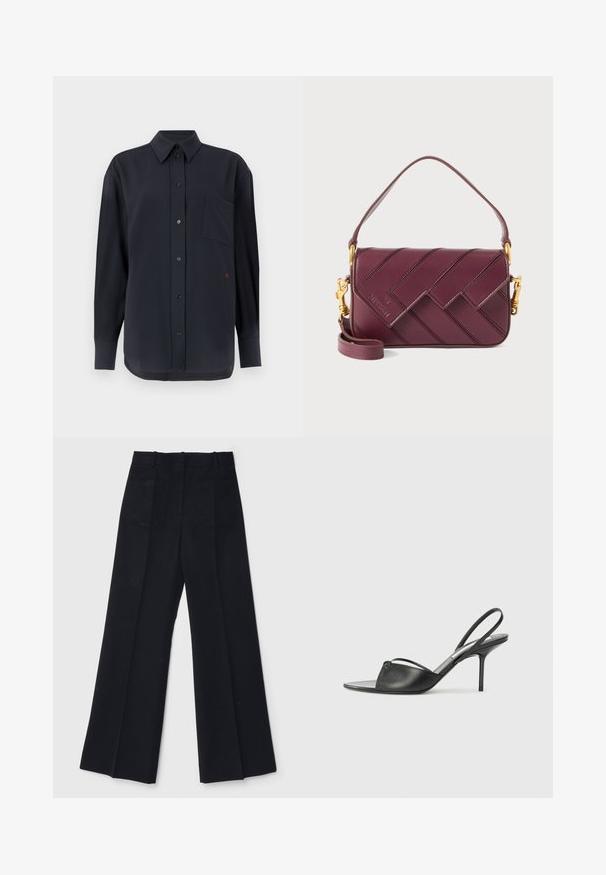 Black, long-sleeve button-up shirt with a chest pocket and red accent. Made from a smooth fabric with a classic collar and button closure.; Black wide-leg trousers made of a smooth fabric, featuring a high waist, two back pockets, and subtle front pleats for added shape.; Black leather slingback heels with a pointed toe, thin ankle strap, and stiletto heel. Features a knotted detail on the vamp.; Burgundy leather crossbody bag with a woven pattern, gold hardware accents, adjustable strap, and flap closure.
