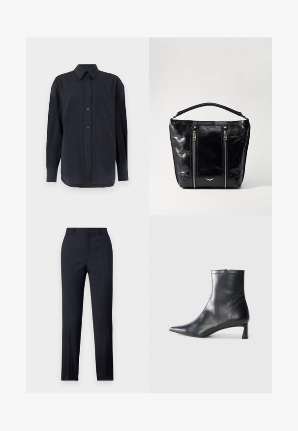 Black, long-sleeve button-up shirt with a chest pocket and red accent. Made from a smooth fabric with a classic collar and button closure.; Navy tailored trousers with a straight cut, featuring a smooth texture, two front pockets, and a clean waistband.; Black leather ankle boot with a pointed toe and a sleek design. Features a low heel and a zipper closure at the back. Smooth texture.; Black patent leather tote bag with double front zippers, a structured shape, and a short handle. Features a small silver logo at the bottom.
