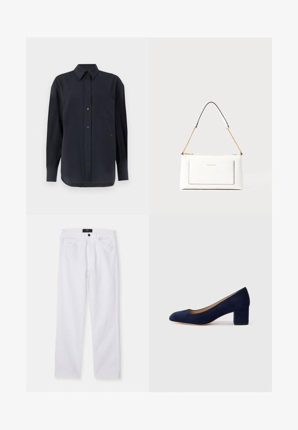 Black, long-sleeve button-up shirt with a chest pocket and red accent. Made from a smooth fabric with a classic collar and button closure.; White denim jeans with a straight cut, five-pocket design, and a front button closure. Features a smooth texture and visible stitching.; Navy blue suede pump with a pointed toe and a mid-height block heel. Smooth texture with a subtle sheen and a small cutout at the front.; White leather handbag with a textured finish, featuring a gold chain strap and black accents. Includes a front pocket and zipper closure.