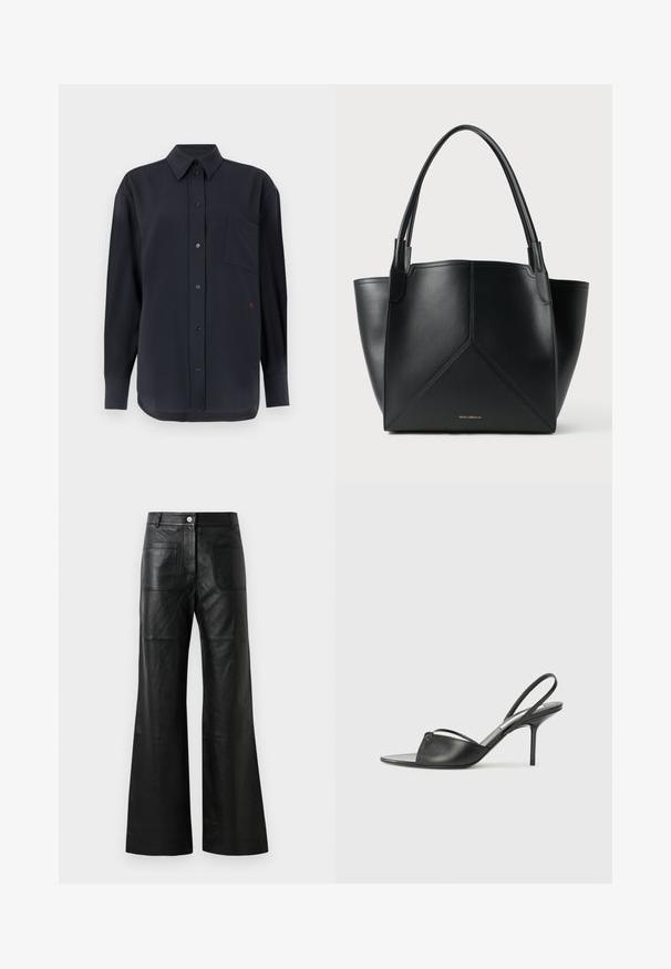 Black, long-sleeve button-up shirt with a chest pocket and red accent. Made from a smooth fabric with a classic collar and button closure.; Black leather wide-leg pants with front pockets and a button closure. The material is smooth with a slight sheen and visible seam detailing.; Black leather slingback heels with a pointed toe, thin ankle strap, and stiletto heel. Features a knotted detail on the vamp.; Black leather tote bag with a geometric design, featuring two handles and gold branding on the front. Smooth texture and structured shape.