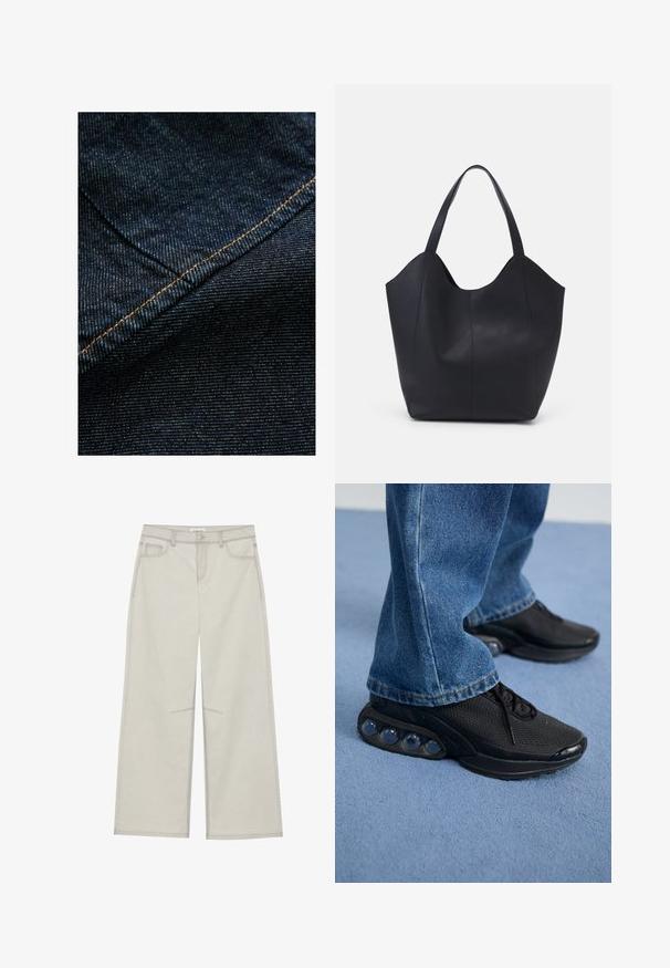 Sötétkék farmer anyag finom függőleges textúrával, narancssárga varrással a varrat mentén kiemelésként.; Világosszürke, bő szárú nadrág, öt zsebbel, elülső gombos záródással és kontrasztos varrással a varrások mentén. Az anyag puhanak és tartósnak tűnik.; Fekete sportcipők hálós felsőrésszel, textúrázott részletekkel és a talpban látható lég párnázó zsebekkel. Kék farmernadrággal viselve.; Fekete tote táska sima bőrből, ívelt, nyitott tetővel és két vállpánttal, minimális dizájnnal.