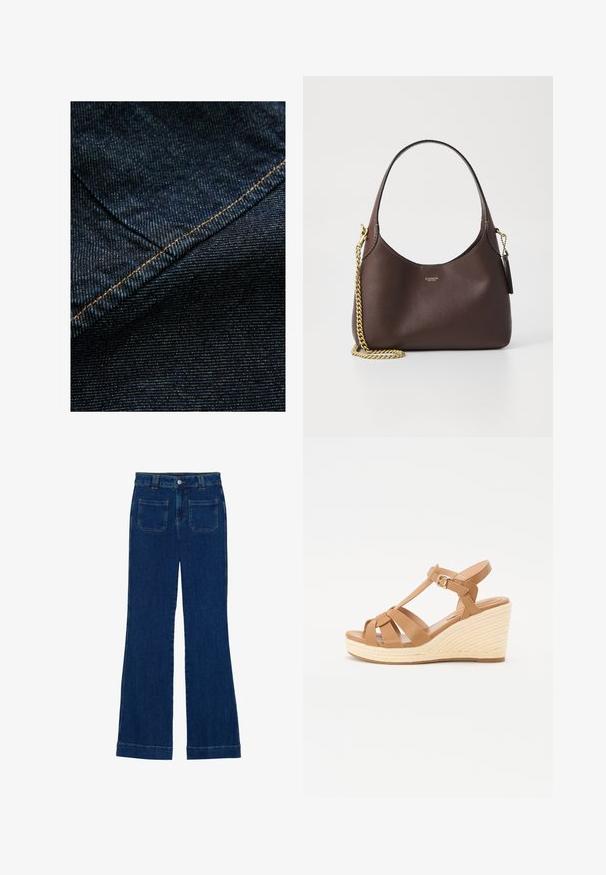 Tamno plava teksas tkanina s suptilnom vertikalnom teksturom, koja ima narančasti šav duž šava kao akcent.; Traperice širokog kroja u tamnoplavoj boji s glatkom teksturom, dizajnom s pet džepova i zatvaranjem na dugme u struku.; Smeđe platforme na petu s ukriženim trakama, podesivom kopčom oko gležnja i teksturiranom, tkanom espadril stilom na peti.; COACH BROOKLYN SHOULDER BAG 23 - Ručna torba - maple