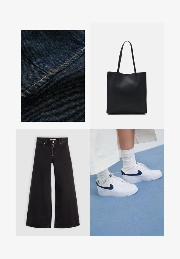 Mörkblå denimtyg med en subtil vertikal struktur, med orange sömmar längs sömmen för accent.; Breda jeans i svart denim med dragkedja fram, femfickorsdesign och subtila sömdetaljer. Slät textur och avslappnad stil.; Vita Nike Air Force 1 sneakers med marinblå detaljer, perforerad tå, platta snören och gummisula, tillsammans med ribbade vita strumpor.; Svart lädertoffelväska med slät textur, rektangulär form och två långa handtag. Ingen synlig hårdvara eller dekorationer.