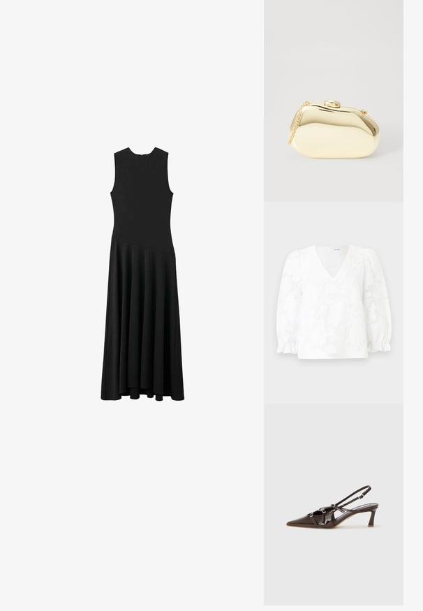 Witte blouse met een V-hals, textuur met bloemmotief en puffen mouwen bijeen gebracht bij de manchetten. Lichtgewicht stof, tot boven de heup.; Zwarte mouwloze maxi-jurk met een aansluitend lijfje en een uitlopende rok, met een gladde textuur en een minimalistisch ontwerp, zonder zichtbare sluitingen.; Bruine gepatineerde leren slingback hak met een spitze neus, verstelbare straps en decoratieve gespen aan de voorkant. 3-inch hakhoogte.; Metalen gouden clutch met een gladde, ronde vorm, voorzien van een bovenste knoopsluiting en een kleine kettingband om mee te dragen.