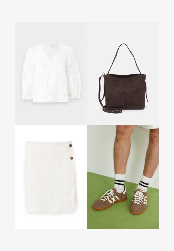 Balta bluzelė su V formos iškirpte, tekstūruotas gėlių raštas ir pūsto tipo rankovės, susikaupusios ties manžetėmis. Lengvas audinys, aukščiau klubų ilgio.; Balta sijonas su tekstūruotu audiniu, turintis sijono dizainą ir du apvalūs mygtukai šone užsegimui.; Rudoni veršiai sportbačiai su baltais akcentais ir raišteliais. Gumos padu. Dėvimi su baltais kojinėmis, turinčiomis juodas juostas. Žalios tekstūruotos grindys.; Ruda suede audinė su minkšta tekstūra, turinti vieną petį ir subtilų kreivinį viršutinį atidarymą. Matomų metalinių detalių nėra.