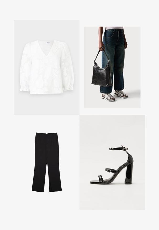 Bílá blůza s výstřihem ve tvaru V, texturovaným květinovým vzorem a nabíranými rukávy na zápěstí. Lehká tkanina, délka nad boky.; Černé kalhoty s rovným střihem, s předními kapsami a bočními rozparky na lemu. Vyrobené z jemné, hladké tkaniny. Vhodné na různé příležitosti.; Černé lakované sandály na podpatku se čtveratou špičkou, lýtkovými pásky a stříbrnými přezkami. Disponují masivním blokovým podpatkem pro stabilitu.; Černá kožená kabelka přes rameno se hladkým povrchem a nastavitelným popruhem, spárovaná s vybledlými džínami širokého střihu a sportovními teniskami.