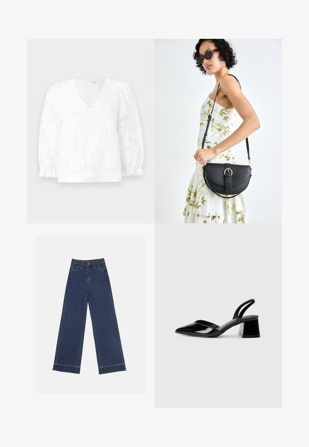 Blouse blanche avec un col en V, motif floral texturé et manches bouffantes resserrées aux poignets. Tissu léger, longueur au-dessus des hanches.; Jeans à jambes larges en denim bleu foncé. Comprend cinq poches, des passants de ceinture et un ourlet brut en bas avec des détails de couture visibles.; Escarpins en cuir verni noir avec bout pointu et talon bloc géométrique. Présente un design élégant et minimaliste ainsi qu'une texture lisse.; Sac à main en cuir noir avec une forme courbée, bandoulière amovible et des accessoires en or. Le sac est doté d'un rabat avec un détail de boucle.