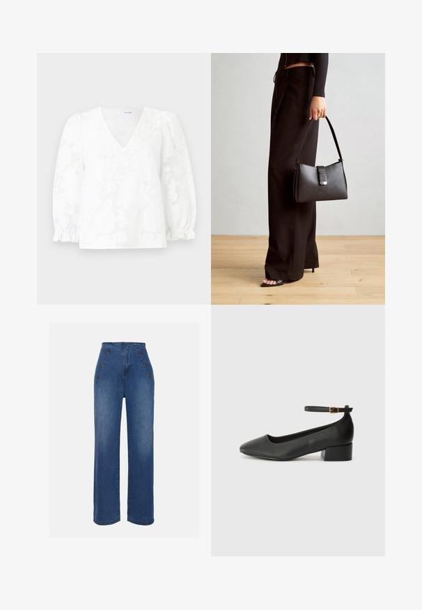 Hvit bluse med V-hals, teksturert blomsterdesign og puffede ermer samlet ved mansjettene. Lysvektsstoff, over hoften.; Høyt midje denimjeans i middels blå. Har knappedetaljer foran og bred benstil. Stoffet har en glatt tekstur med lett falming.; Sorte skinnpumper med spiss tå og lav blokkhelt. Har ankelrem med gullfarget spenne. Glatt tekstur.; Svart håndveske med strukturert form, jevn tekstur og metallisk lås. Kombinert med brede svarte bukser og sandaler med åpen tå på tregulv.