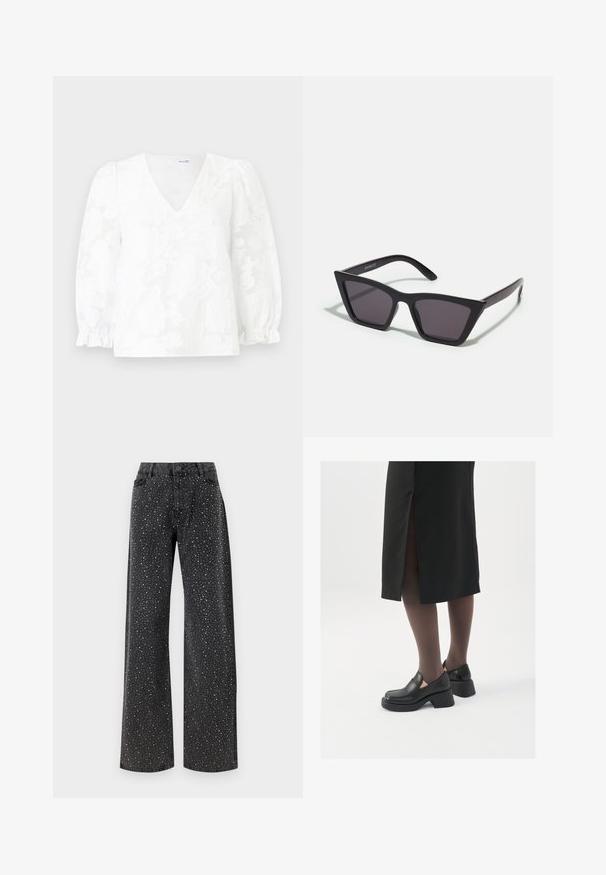 Balta blūze ar V-veida kakla izgriezumu, teksturētu ziedu rakstu un puffētām piedurknēm, kas savāktas pie aprocēm. Viegls audums, garums virs gurniem.; Noisy May NMJANNEL LOOSE - Brīva piegriezuma džinsi - black denim; Melni ādas apavi ar noapaļotu purngalu, biezām bloku papēžiem un elastīgiem sānu akcentiem, apvienoti ar tumšām zeķubiksēm un melnu svārku ar šķirbu.; Melni, stūrveida saulesbrilles ar pelēkiem objektīviem; izgatavotas no plastmasas, ar biezām kājām, kam ir gluda virsma un nav redzamu stiprinājumu.; Sudraba gredzenveida auskari ar minimālistisku dizainu. Cirkulāra forma, gluda tekstūra un plāns profils. Vieglu svaru ar spīdīgu apdari.