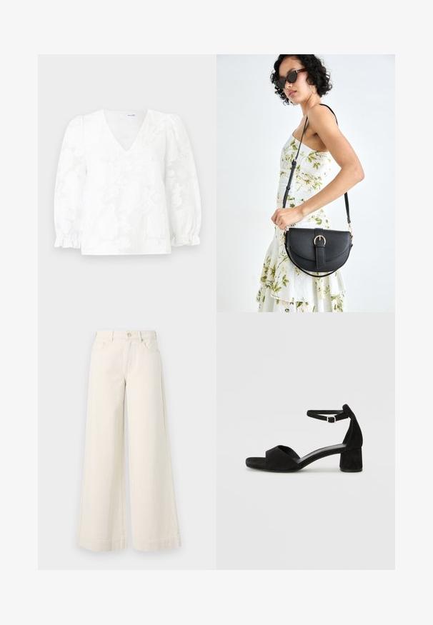 White blouse with a V-neck, textured floral pattern, and puffed sleeves gathered at the cuffs. Lightweight fabric, above hip length.; Wide-leg, light beige denim trousers with a high waist, two front pockets, button closure, and subtle stitching detail.; Black suede heeled sandals with a thin ankle strap, open toe design, and a modest block heel. Smooth texture and minimal accents.; Black leather handbag with a curved shape, detachable strap, and gold hardware. The bag features a flap with a buckle detail.