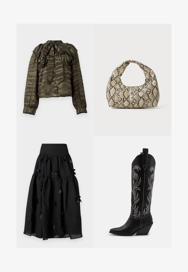 Mørkegrønn bluse med rynkekrage, lange ermer og knappelukking. Har bølgete gullmønstre og dekorative bølgende detaljer ved mansjettene.; Sister Jane BIRDIE BOW MIDI SKIRT - A-line skjørt - black; Sorte lær cowboy støvler med spidse tæer, kilehæle og sølv broderede blomstrer mønstre langs skaftet. Kontrast syning hele vejen igennem.; Veske med slangeskinnmønster og krummet håndtak. Laget av teksturerte, beige og brune materialer, med et særegent diamantmønster.