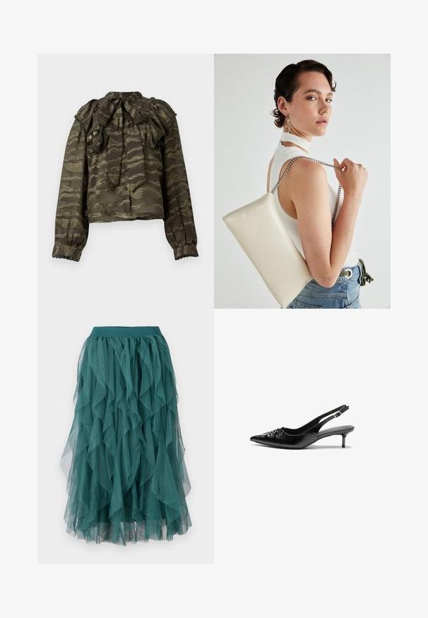 Tamnozelena bluzica s rascvjetanim ovratnikom, dugim rukavima i dugmadi. Sadrži valovite zlatne uzorke i dekorativne valovite akcentе na manžetama.; Tirkizna tulle suknja s slojevitim volanima, koja ima elastičnu traku za struk i lepršavu teksturu. Tkanina je lagana i prozirna.; Crne kožne sandale na petu s ikkrenim nosom, malom kitten petom i dekorativnom mašnom sprijeda. Glatka tekstura svuda.; Bijela pravokutna torbica s kopčanjem, izrađena od sjajnog materijala, s srebrnim lančićem. Model pozira, prikazujući torbicu na jednostavnoj pozadini.