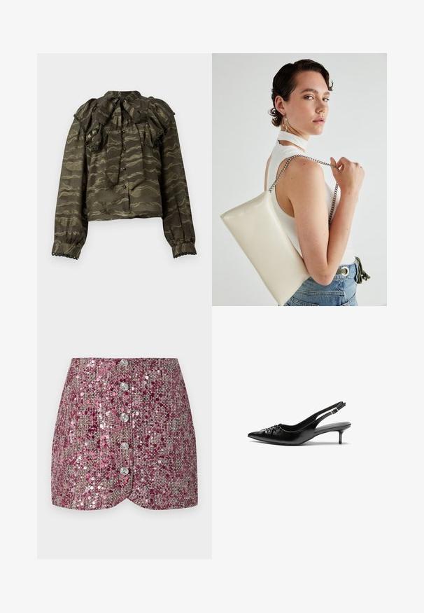 Tumši zaļš blūze ar viļņotu apkakli, garām piedurknēm un pogu aizdari. Iezīmē viļņotu zelta rakstu un dekoratīvas viļņotas apmales piedurkņu galos.; Rozā sekvīnu svārki ar strukturētu audumu, ar pieguļošu dizainu un pieciem sudraba pogām priekšā. Formēta maliņa un mirdzoši akcenti.; Melni ādas sandales ar norādītu pirkstu, mazu kaķa papēdi un dekoratīvu mezglu detaļu priekšā. Gluda tekstūra visā virsmā.; Balts taisnstūra clutch soma, izgatavota no spīdīga materiāla, ar sudraba ķēdes siksnu. Modelis pozē, demonstrējot somu uz vienkārša fona.