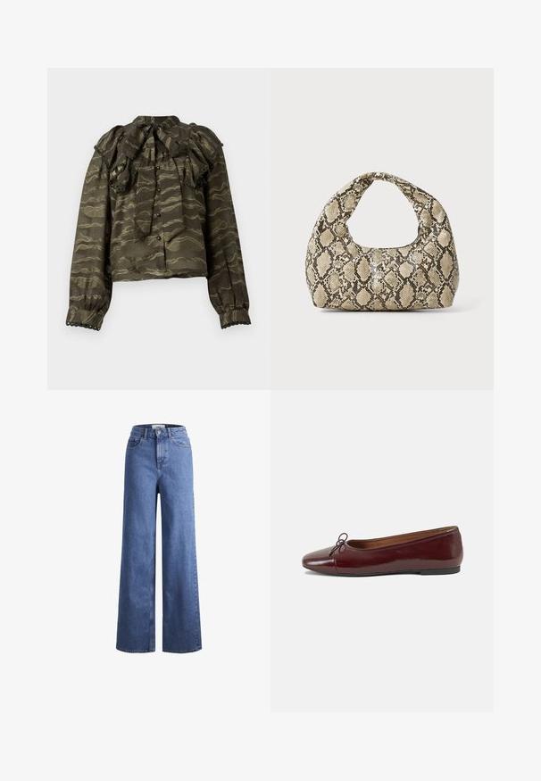 Blusa verde scuro con colletto a balze, maniche lunghe e chiusura con bottoni. Presenta motivi ondulati dorati e dettagli decorativi a bordi scallopati ai polsini.; Jeans ampia in denim azzurro chiaro con vita alta, due tasche anteriori e cuciture in vista. Presentano una chiusura con bottone e zip.; Ballerine in pelle verniciata bordeaux con punta arrotondata, piccolo fiocco decorativo sulla parte anteriore e suola bassa in gomma nera. Texture liscia.; Borsa a stampa rettile con manico curvo. Realizzata in materiali testurizzati beige e marroni, presenta un distintivo motivo a rombi.