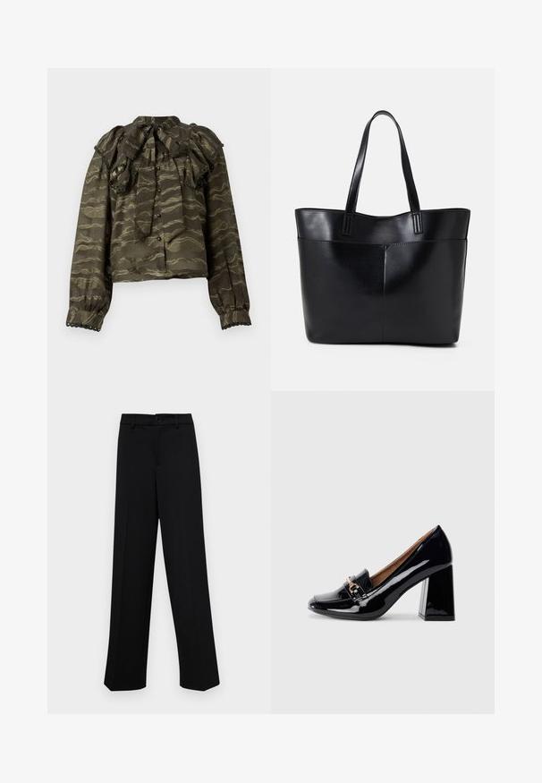 Dunkelgrüne Bluse mit Rüschenkragen, langen Ärmeln und Knopfverschluss. Verziert mit gewellten goldenen Mustern und dekorativen gewellten Akzenten an den Bündchen.; Schwarze, weit geschnittene Hosen aus glattem Stoff, mit einem klassischen Taillenbund und einem Knopfverschluss sowie vorderen Falten.; Schwarzer Lackleder-Pumps mit spitzer Zehenform und Blockabsatz. Verfügt über einen dekorativen Riemen und eine Schnallendetail auf dem Vorderblatt.; Schwarze Leder-Shopper-Tasche mit zwei langen Griffen, einer glatten Textur und einer strukturierten Form. Verfügt über eine Vordertasche für zusätzlichen Stauraum.