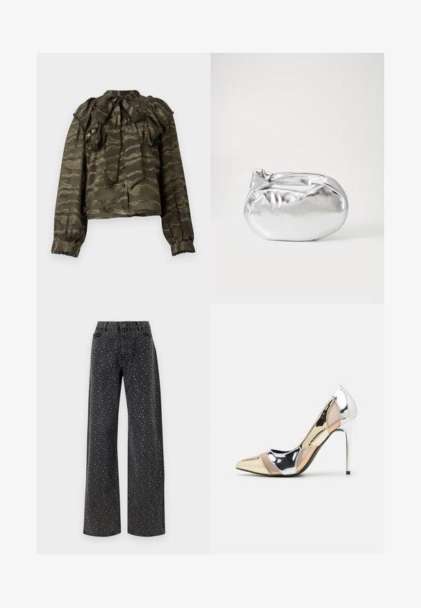 Mørkegrøn bluse med flæsekrave, lange ærmer og knaplukninger. Har bølgede guldmønstre og dekorative scalloped detaljer ved manchetterne.; Noisy May NMJANNEL LOOSE - Jeans Relaxed Fit - black denim; Spidse højhælede sko med et farveskema i sølv, guld og nude. Blank finish med udskæringsdesign, der har en stilletto hæl.; Sølvmetallic pose med en blød, rund form og en knyttet lukning foroven. Fremstillet af glat faux lædermateriale.; Sølvøreringe med et minimalistisk design. Cirkulær form, glat tekstur og tynd profil. Letvægtige med en poleret overflade.