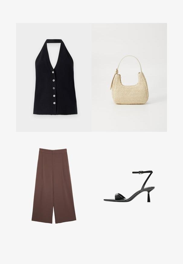 Sort ribbet halterneck-top med en dyb V-udskæring og seks knapper i forskellige farver langs forsiden. Glat tekstur, tætsiddende design.; Brune bredbunde bukser med en glat tekstur, der har høj talje og plisseringer foran. Stoffet er let og falder løst.; Bershka Højhælede sandaletter / Højhælede sandaler - black; Vævet stråhåndtaske i beige med en buet form, en kort håndtag og en sidelomme med lynlås. Har tekstureret overflade og minimalistisk design.