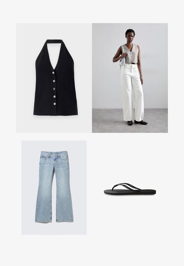 Musta ribbaarinen halter top, jossa on syvä V-pääntie ja kuusi eriväristä nappia edessä. Tasainen tekstuuri, tiukka muotoilu.; Weekday NOVA - Slim fit -farkut - lip blue; Mustat flip-flopit, joissa on röpelöinen kumipohja, kaksi hoikkaa remmiä ja hillitty, kohokuvioitu logotyyli remmissä.; Harmaa lyhyt liivi napilla, yhdistettynä valkoisiin leveälahkeisiin farkkuihin ja mustiin tasapohjaisiin kenkiin. Asusteena pieni hopeinen fringelaukku.