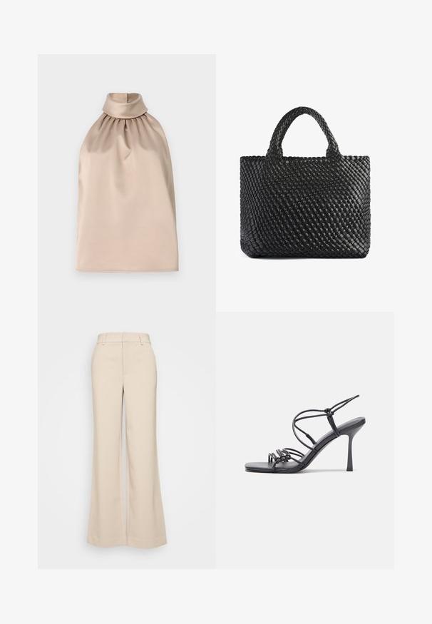 Beige halterkaelusega top kõrge kaelusega ja kogutud kangaga, valmistatud siledast, satiinilaadsest materjalist. Omab lõdva siluetti.; Beeži laiad püksid sujuva tekstuuriga, kõrgendatud vöökoht ja kaks eesmist taskut. Puhtas disain, mis on kohandatud sobivusega.; Mustad musta värvi kontsandaalid on varustatud peente rihmadega, millel on sõlmekujundus, siledad ruudukujulised varbad ja stiilne stilettokonts.; Must Mustaga, millel on kaks käepidet, millel on tekstureeritud pind ja ristküliku kuju. Lihtne, ainulaadne disain, ilma nähtava riistvarata.