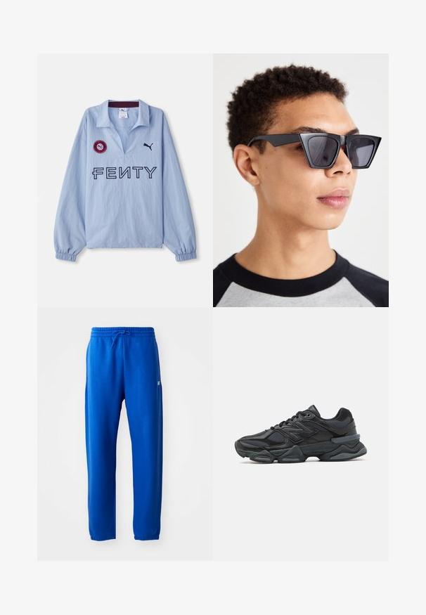 Vaaleansininen pitkähihainen paita, jossa on käännetty kaulus, "FENTY"-logo ja pyöreä punainen merkki logolla, suunniteltu Puman toimesta.; Siniset verkkarit, jotka on valmistettu pehmeästä kankaasta. Niissä on joustava vyötärönyöri ja kuminauha, kapenevat lahkeet sekä pieni logodetalji sivussa.; Musta juoksukenkä, jossa on yhdistelmä verkko- ja synteettisiä materiaaleja, paksu pohja, kaareva muotoilu ja näkyvä brändäys sivussa.; Mustat kulmikkaat aurinkolasit tummilla linsseillä, joissa on rohkea geometrinen muotoilu ja mattapintainen viimeistely. Käytössä henkilöllä, jolla on lyhyt hius.