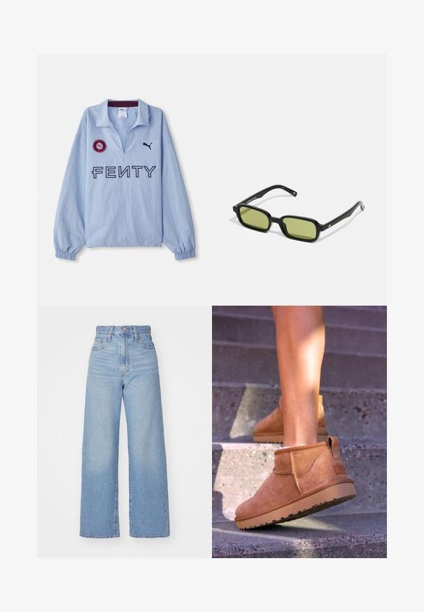 Light blue long-sleeve shirt featuring a folded collar, "FENTY" logo, and a round red patch with a logo, designed by Puma.; Light blue high-waist wide-leg jeans with front button and zip closure, front and back pockets, on a white background.; Tan suede ankle boots with a soft texture, stitched detailing, and a rubber sole, featuring a looped heel for easy wear.; Black sunglasses with an angular design, green tinted lenses, and smooth plastic frames. Features gold accents on the temples.