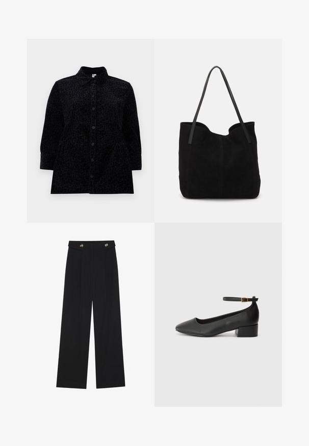 Čierna košeľa na gombíky s jemným leopardím vzorom, so golierom, dlhými rukávmi a mierne rozšíreným strihom s bočnými vreckami.; Čierne široké nohavice s vysokým pásom, so zapínaním na gombíky na páse a prednými sklady.; Čierne kožené lodičky s špicatou špičkou a nízkym blokovým podpätkom. Obsahuje remienok okolo členka so zlatým prackou. Hladký povrch.; Čierna semišová taška cez rameno s dvomi dlhými, plochými koženými popruhmi. Obsahuje zakrivený horný okraj a viditeľné stehy po prednej strane. Bez kovových akcentov.