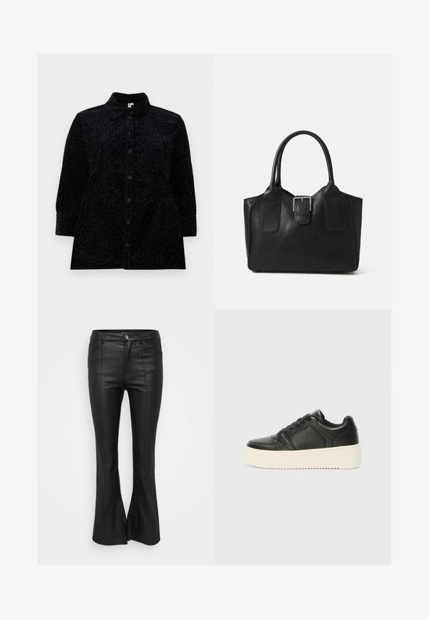 Camisa preta de botão com um padrão sutil de leopardo, apresentando colarinho, mangas longas e uma silhueta ligeiramente evasé com bolsos laterais.; Calças flare pretas com uma textura brilhante, semelhante a couro, apresentando bolsos frontais, fecho com botão e fendas laterais na bainha.; Sapatilha de couro preta com uma textura suave, sola grossa de cor creme, bico redondo e design clássico de atacadores. Detalhes de costura subtis.; Bolsa tote de couro preta com textura suave, forma estruturada, duas alças e um destaque prateado proeminente na parte da frente.