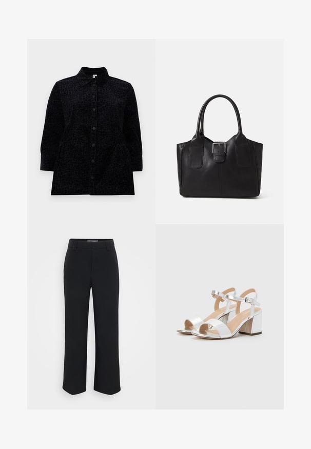 Svart skjorte med knapp foran og en subtil leopardprint, med krage, lange ermer, og en lett utsvingt silhuett med sidelommer.; Sorte vide bukser med en glat tekstur, der har en flad talje og sidelommer, designet med en minimalistisk æstetik.; Sølv høyhælte sandaler med åpne tær, med to brede reimer og en rund blokkhelt. Glatt tekstur med metallisk finish.; Svart skinn toteveske med jevn tekstur, strukturert form, to håndtak og en fremtredende sølvspenne foran.