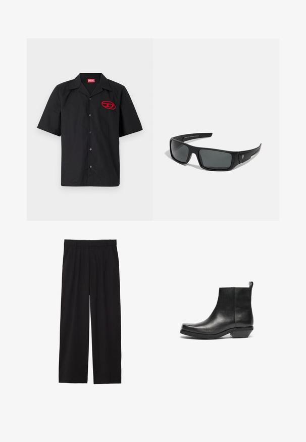 Korte mouwen zwarte shirt gemaakt van gladde stof, met een rood geborduurd logo op de linkerkant van de borst en knopen aan de voorkant. Casual ontwerp.; Zwarte wijde broek met geplooide voorkant, zijzakken en een gladde stoftextuur. Ontworpen voor een ontspannen pasvorm.; Zwarte leren enkellaarzen met een taps toelopende neus en een lage blokhak. Strak ontwerp met een gladde textuur en een trekriem voor eenvoudig aantrekken.; Zwarte zonnebril met een rechthoekig frame, donkergrijze glazen en een gladde plastic afwerking. Opvallend logoaccent aan de zijkant.; Twee stropdassen: één effen zwart met een diagonale blauwe en grijze streep, en een andere effen zwart met een blauwe satijnen punt. Textuurstof.