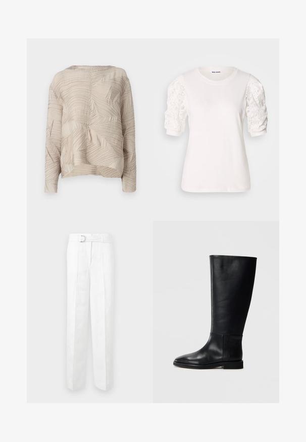 T-shirt beige à manches longues avec un tissu texturé présentant des motifs de vagues et de feuilles, un col rond et une coupe décontractée.; T-shirt blanc avec des manches courtes et bouffantes en dentelle. Encolure ronde, texture douce et coupe légèrement ample. Étiquette de marque visible à l'intérieur.; Pantalons blancs ajustés avec une jambe large, passants de ceinture et une ceinture avec une boucle en argent. Fabriqués en tissu léger avec une texture lisse.; Botte en cuir noir, montant jusqu'au genou, avec un bout arrondi, texture lisse, design minimaliste et semelle plate. Détails de couture simples sur la tige.