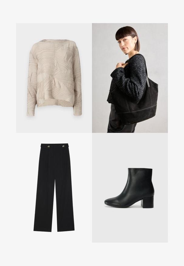Bež majica dugih rukava s teksturiranim materijalom s uzorcima valova i lišća, okrugli izrez i opušteni kroj.; Crne hlače širokih nogavica s visokim strukom, s dugmadi na pojasu i prednjim nabora.; Crne kožne čizme do članaka s uskim vrhom i debelim potplatom. Glatka tekstura s minimalnim detaljima i elegantan, prilagođen dizajn.; Crna suede torba s glatkom teksturom, strukturiranim oblikom i kontrastnim šavovima. Ima duge trake za nošenje preko ramena.