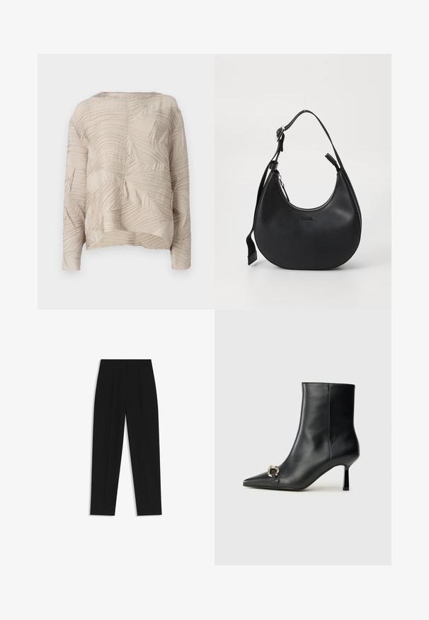 Beige long-sleeve top featuring a textured fabric with wave and leaf-like patterns, round neckline, and relaxed fit.; Black trousers with a straight fit, featuring double pleats, a smooth texture, and a classic waistband design. No visible hardware or accents.; Black leather ankle boot with pointed toe, slim mid-height heel, and silver buckle detail on side against plain background.; Black leather shoulder bag with a curved shape, zip closure, and adjustable strap. Features embossed brand logo on the front.