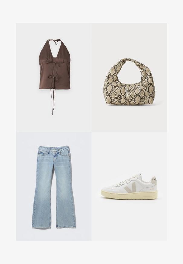 Brown halter top made of smooth fabric, featuring a deep V-neck, adjustable tie straps, and a front tie detail for a fitted look.; Light blue flared jeans with a faded finish, five-pocket design, and contrasting stitching. Cotton denim with a smooth texture.; White leather sneaker with beige suede accents, perforated toe box, flat laces, and a textured cream sole. Features subtle branding on heel.; Snake-print handbag with a curved handle. Made from textured, beige and brown materials, featuring a distinctive diamond pattern.