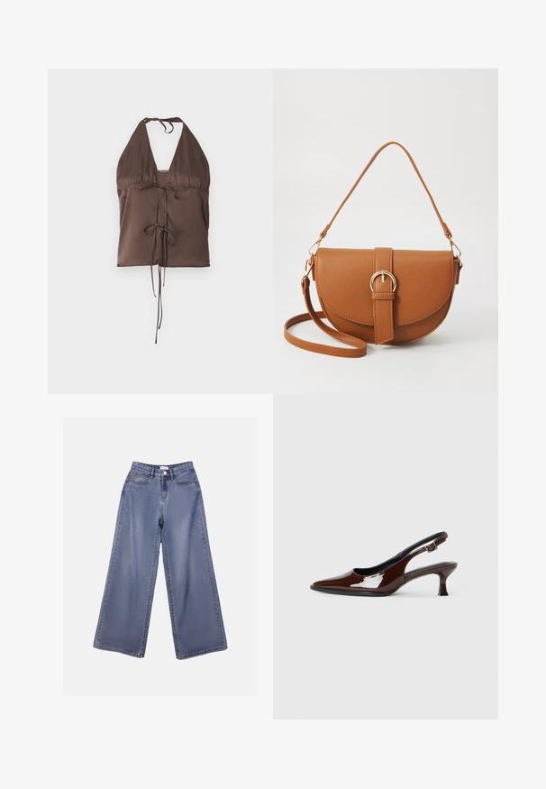 Haut halter brun en tissu lisse, doté d'un décolleté en V profond, de bretelles ajustables à nouer et d'un détail à nouer à l'avant pour un effet ajusté.; Jean en denim à jambes larges, de couleur bleu clair, avec une taille haute, des poches avant et une fermeture à boutons avec passants de ceinture.; Chaussure slingback en cuir verni marron avec un bout pointu et un talon modéré. Elle est dotée d'une sangle à boucle pour un ajustement sécuritaire. Texture lisse.; Sac bandoulière en cuir marron avec une forme incurvée, quincaillerie dorée et un accent en boucle. Comprend une bandoulière détachable.