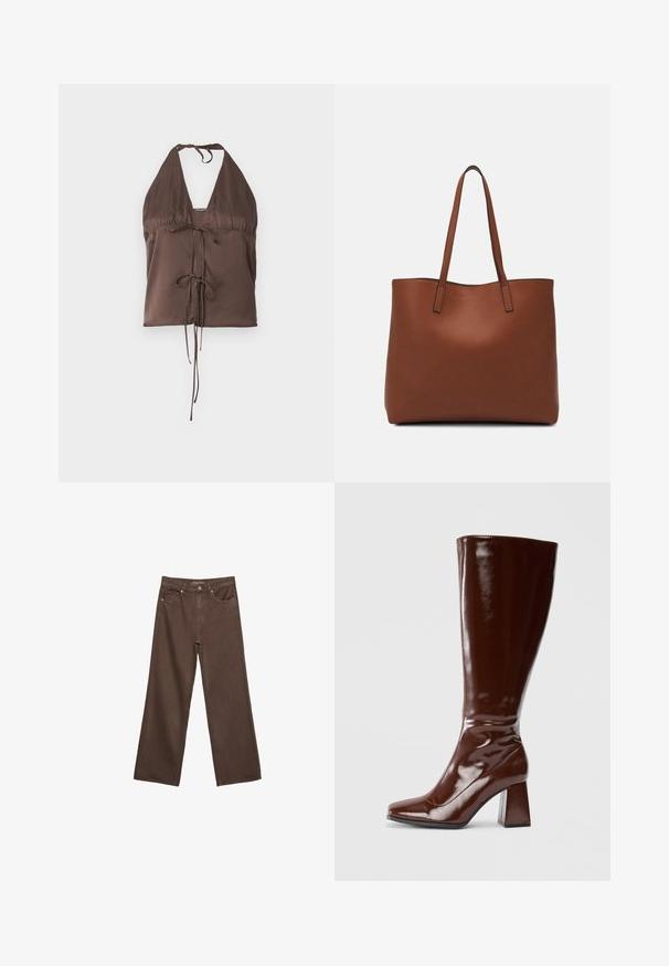 Brauner Haltertop aus glattem Material, mit tiefem V-Ausschnitt, verstellbaren Krawatten-Trägern und einem frontalen Krawatten-Detail für eine figurbetonte Passform.; Weite braune Jeans aus Denim, mit hoher Taille, Fronttaschen und klassischem Knopfverschluss. Glatte Textur mit feinen Nähten.; Knöchelhohe braune Lacklederstiefel mit quadratischer Spitze, glänzender Oberfläche und stabilen Blockabsätzen. Nahtloses Design ohne sichtbare Beschläge.; Braune Leder-Tote mit glatter Textur, offenem Oberteil und zwei Schulterriemen. Verfügt über minimale Nähte und keine sichtbaren Beschläge.
