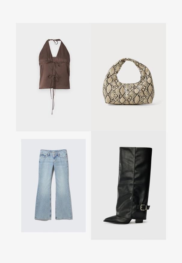 Pruun halter-top sujuva kangast, millel on sügav V-kaelus, reguleeritavad sidumisrihmad ja esiosa sidumisdetail, et saavutada keha külge sobiv välimus.; Weekday NOVA - Liibuvad teksad - lip blue; Mustad musta nahast pahkluu kingad, millel on terav nina, sile tekstuur ja hõbedane pandlaaksent küljel. Tõmblukuga suur ruudukujuline konts.; Musta käärmeprindiga kott kõveraga käepidemega. Valmistatud tekstiilsetest, beežidest ja pruunidest materjalidest, millel on iseloomulik rombikujuline muster.