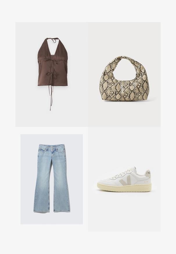 Ruda halterio viršutinė dalis, pagaminta iš lygaus audinio, su giliu V iškirpimu, reguliuojamais ryšiais ir priekiniais ryšiais, suteikiančiais prigludusį įvaizdį.; Weekday NOVA - Prigludę džinsai - lip blue; Balti odiniai sportbačiai su kreminiais zomšos akcentais, perforuota pirštų dalimi, plokščiomis raišteliais ir struktūruota kreminėmis padomis. Ant kulno yra subtilus ženklinimas.; Gyvatės rašto rankinė su kreiviu rankenėle. Pagaminta iš tekstūruotų smėlio ir rudos spalvos medžiagų, su išskirtiniu rombo raštu.