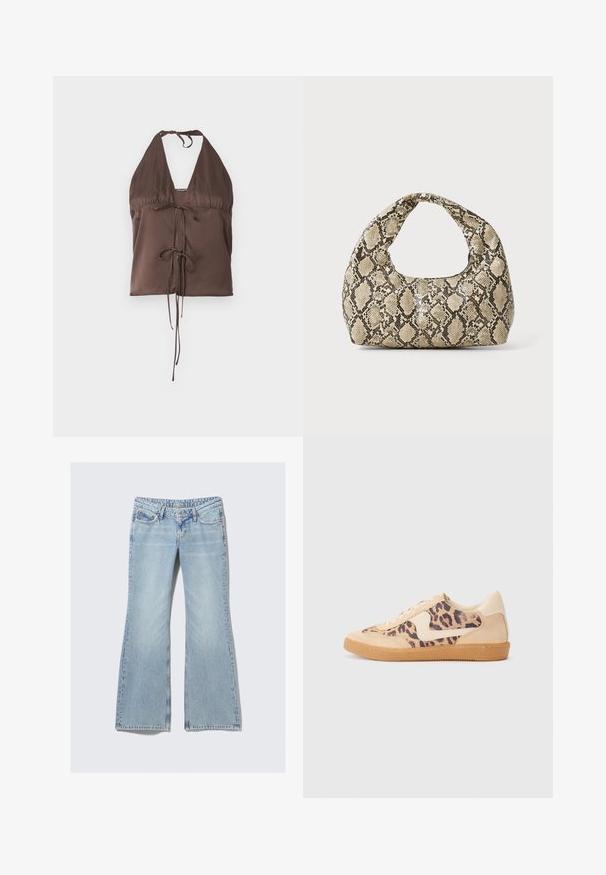 Rjav halter top iz gladkega blaga, z globokim V-izrezom, nastavljivimi vezalkami in detajlom vezanja spredaj za prilagojen videz.; Weekday NOVA - Kavbojke slim fit - lip blue; Teniske s leopardjim vzorom z zgornjim delom iz bež semiša, rjavim gumijastim podplatom in belimi detajli. Okrogla konica in vezenje z vezalkami ter teksturirana površina.; Torba z vzorom kače s ukrivljenim ročajem. Narejena iz teksturiranih, bež in rjavih materialov, ki imajo značilen diamante vzorec.