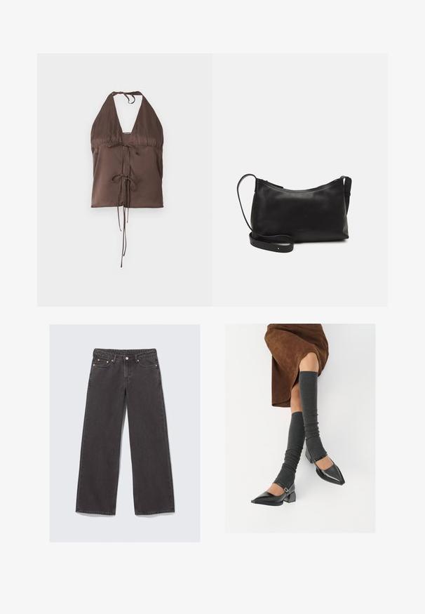 Top halter marrone realizzato in tessuto liscio, con una profonda scollatura a V, spalline regolabili e un dettaglio di annodatura frontale per un look aderente.; Jeans a gamba larga realizzati in denim grigio scuro. Caratteristiche includono una vita alta, accessori in rame e un classico design a cinque tasche.; Scarpe nere in pelle verniciata con punta affilata, tacco a blocco e cinturino alla caviglia, abbinate a scaldamuscoli grigi a coste e una gonna in suede marrone.; Borsa a spalla in pelle nera con una texture liscia, forma curva, tracolla regolabile e chiusura con zip. Design minimalista senza ornamenti.