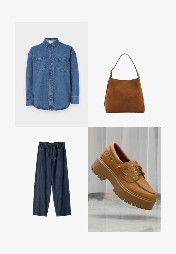 Camicia in denim di blu medio, con chiusura frontale a bottoni, due tasche sul petto e colletto. Maniche lunghe con polsini a bottone.; T-shirt grigio scuro a maniche corte con scollatura rotonda, realizzato in un tessuto morbido, caratterizzato da un design semplice senza motivi o dettagli visibili.; Pantaloni in jeans di denim blu scuro con un design a gamba larga. Presentano un'elasticità in vita, un cordoncino e tasche frontali. Tessuto liscio con cuciture visibili.; Scarpe platform in pelle color tan con suole spesse e rigate, occhielli dorati e un design semplice cucito. Presentano un piccolo logo sul lato.; Borsa a spalla in suede marrone con parte superiore arrotondata, tracolla singola e superficie liscia. Caratterizzata da un design minimalista e linee pulite.