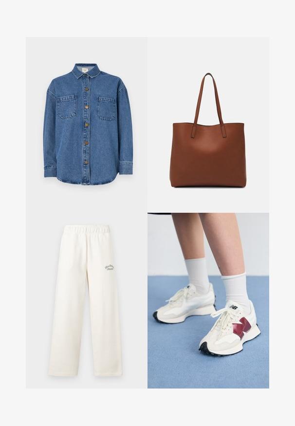 Chemise en denim bleu moyen, avec un devant à boutons, deux poches poitrine et un col. Manches longues avec poignets à boutons.; Pantalons larges couleur crème fabriqués dans un matériau doux avec une ceinture élastique. Présente un texte brodé subtil en vert sur le devant.; Une paire de baskets blanches avec des accents bordeaux, des panneaux texturés, une semelle noire plate et des lacets légers, portées avec des chaussettes blanches mi-mollet.; Sac fourre-tout en cuir marron avec une texture lisse, design à ouverture supérieure et deux poignées pour le porter à l'épaule. Présente des coutures minimales et aucun matériel visible.