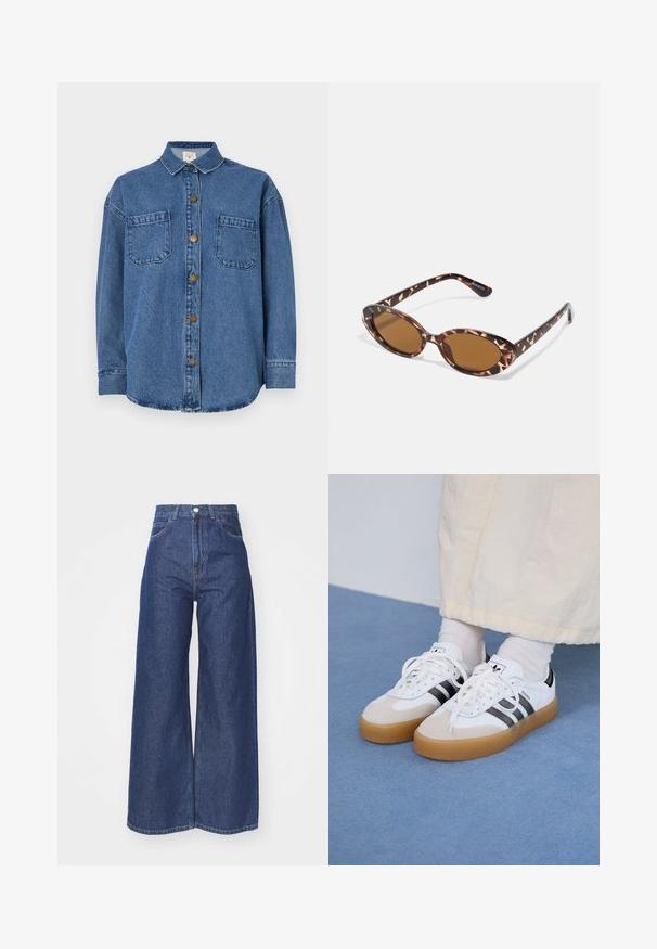 Džínová košeľa v stredne modrej farbe, s gombíkovým zapínaním, dvoma vreckami na hrudi a golierom. Dlhé rukávy s gombíkovými manžetami.; Džínsy so širokými nohavicami vyrobené z tmavomodrého denimu. Vysoký pás so zapínaním na zips a gombík. Obsahuje klasický štýl s piatimi vreckami a obšité okraje.; Biele tenisky s čiernymi pruhmi a béžovými semišovými detailmi. Majú textúrovanú gumovú podrážku a ploché biele šnúrky, kombinované s svetlými ponožkami.; Tortoise-shell slnečníky s oválnymi sklami, hnedo tónovanými, tenkými stranami so vzorom, ľahký plastový rám.