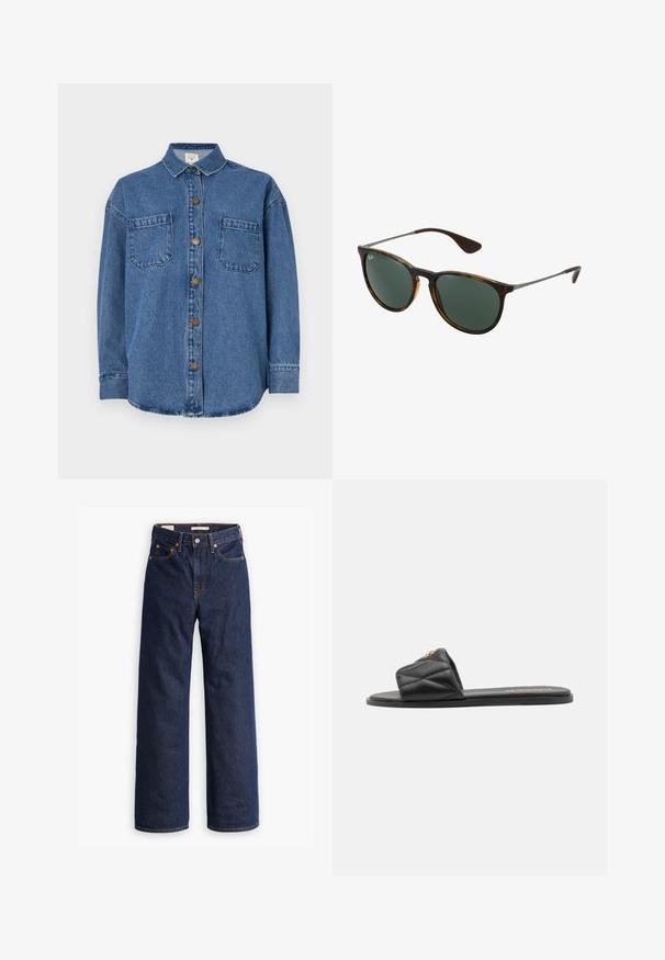 Keskmise sinise denimide särk, millel on nööbiga eesmine osa, kaks rinna taskut ja kraega kaelus. Pikkade varrukatega, millel on nööbiga mansetid.; Tumedatest sinised sirge lõikega teksased viie taskuga, oranžid õmblused ja nööbiga sulgemine.; Mustalane õmmeldud libisemissandaal tasase talla ja kuldse aktsendiga rihma peal. Valmistatud sünteetilisest materjalist, mille pind on siledam.; Pruunitest kilpkonnakujulised prillid roheliste läätsedega, plastikust raam ja metallaktsentidega; omavad kumerate tempelite otste ja voolujoonelist disaini.; Bež nahkrog tote-kott, millel on kaks õlavarre rihma, kuldse riistvara aktsente ja silt, millel on ümmargune logo. Sile tekstuur ja minimalistlik disain.