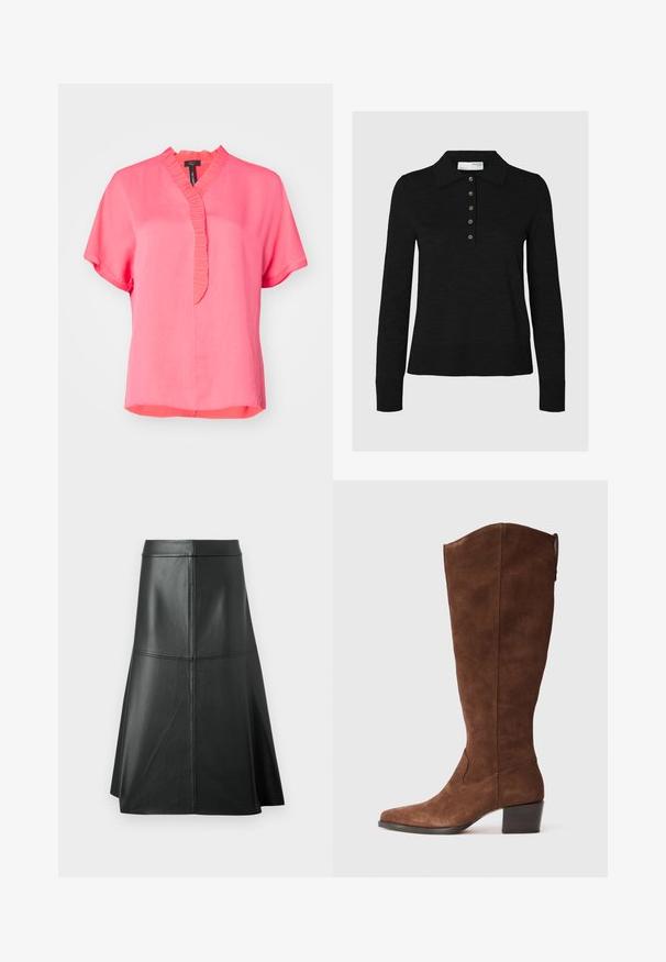 Rosa Bluse mit kurzen Ärmeln und Rüschenausschnitt, aus weichem Stoff, lockerer Passform und geradem Saum. Besitzt einen dezenten Glanz.; Schwarzes Langarm-Polohemd aus weichem Stoff mit einem kragenförmigen Ausschnitt und einer Knopfleiste mit sechs Knöpfen. Die Kanten sind sauber verarbeitet.; Schwarzer Leder-A-Linie-Rock, glatte Textur, midi-länge, mit horizontalen Nähten am Bund und den Nähten für zusätzliche Struktur.; Braune Wildleder-Stiefel bis zum Knie mit spitzen Zehen und einem gestapelten Absatz. Sie verfügen über eine glatte Oberfläche und minimalistische Nähdetails.