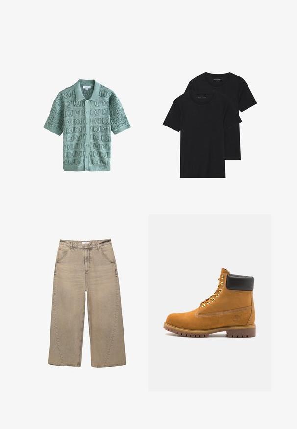 Cardigan corto a maniche corte in morbido verde menta, con un motivo testurizzato a motivi quadrati, colletto a coste e cinque bottoni.; Due magliette nere di cotone a maniche corte, con scollatura rotonda e una texture liscia, esposte impilate insieme.; PULL&BEAR MEGA BAGGY - Jeans baggy - light grey; Stivale alla caviglia in suede tan con collare imbottito nero, occhielli in metallo dorato, dettagli in cucitura bianca e suola in gomma robusta con battistrada pronunciato.