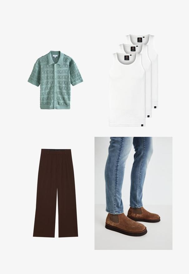 Cardigan tricotat cu mânecă scurtă, de culoare verde mentă moale, având un model texturat cu motive pătrate, guler ribat și cinci nasturi.; Trei maieuri albe ribbate din bumbac. Au un guler rotund și etichete negre mici lângă tiv. Disponibile în mai multe mărimi.; Pantaloni maro, cu picioare largi, cu pliuri. Realizați dintr-un material neted, având o talie cusută și buzunare laterale. Tiv plat la baza.; Botine din suede maro, cu panouri elastice laterale, talpă groasă din cauciuc negru, asortate cu blugi slim-fit de culoare albastră deschisă.