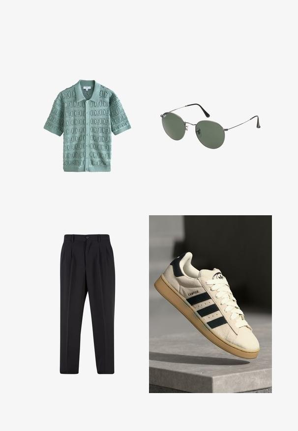 Pleteni kardigan s kratkimi rokavi v mehki mint zeleni barvi, ki vsebuje teksturno vzorčenje s kvadratnimi motivi, rebrast ovratnik in pet gumbov.; Bela bombažna majica s kratkimi rokavi, okroglim izrezom, sproščenim krojem in brez vidnih logotipov ali vzorcev. Gladka tekstura in minimalen dizajn.; Črne hlače z nabranim sprednjim delom, narejene iz gladkega materiala. Imajo gumbasto zapiranje in zanke za pas; ravne hlačnice.; Bež nubuk tenisice s tremi temno modrimi črtami, belimi vezalkami in svetlo rjavim gumijastim podplatom. Vključuje logo na jezikcu in besedilo "CAMPUS".; Sončna očala z ovalnimi zelenimi lečami v kovinskem okvirju. Tanjši srebrni kovinski okvir in črne ušesne konice. Minimalistična zasnova, brez vidnih logotipov.