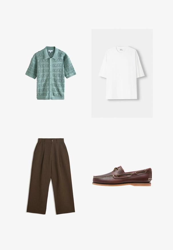 Dzianinowy kardigan z krótkim rękawem w miękkim miętowym kolorze, z fakturowanym wzorem w kwadratowe motywy, prążkowanym kołnierzem i pięcioma guzikami.; Biała koszulka z krótkim rękawem wykonana z bawełny, z okrągłym dekoltem i luźnym krojem. Gładka faktura, bez widocznych wzorów lub akcentów.; Brązowe spódnie z plisami w szerokim kroju, z zapięciem na guziki i bocznymi kieszeniami, wykonane z teksturowanej tkaniny, idealne na codzienne okazje.; Brązowy skórzany but żeglarski z białymi szwami, brązowymi sznurowadłami i beżową gumową podeszwą. Posiada logo z boku i metalowe oczka na sznurowadła.