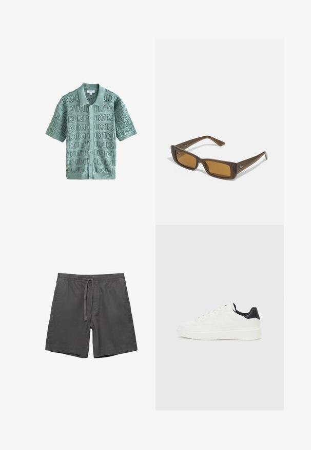 Pletený kardigán s krátkym rukávom v jemne mätovozelenej farbe, s textúrovaným vzorom a štvorcovými motívmi, rebrovaným golierom a piatimi gombíkmi.; Sivé bavlnené šortky s elastickým pásom, nastaviteľnou šnúrkou, bočnými vreckami a voľným strihom. Hladká textúra a dĺžka po kolená.; Biele kožené tenisky s embosovaným vzorom, štruktúrovanou bielou medzipodrážkou a čiernym akcentom na päte. Majú zaoblenú špičku a ploché šnúrky.; Hnedé obdĺžnikové slnečné okuliare s tmavohnedými rámami, tónovanými jantárovými šošovkami a strieborným brandingom na spánku. Hladký matný povrch.