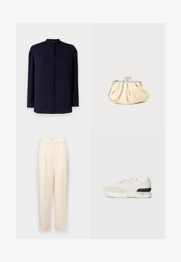 Mørkeblå langermet bluse med mandarin-krage, med teksturert stoff og rett snitt som sikrer en avslappet passform.; Beige skreddersydde bukser med rett passform, med folder foran, en glatt tekstur og midjehøyde. Ingen synlige lommer.; Hvite sneakers med en teksturert ser ut som en suede tåhette, glatt mesh-overdel, dekorative snørebånd og en svart gummihælaccent.; Foliebeige lærveske med plisseringer og en sølvmetalramme, med to runde dekorative låser og en sølvkjede.